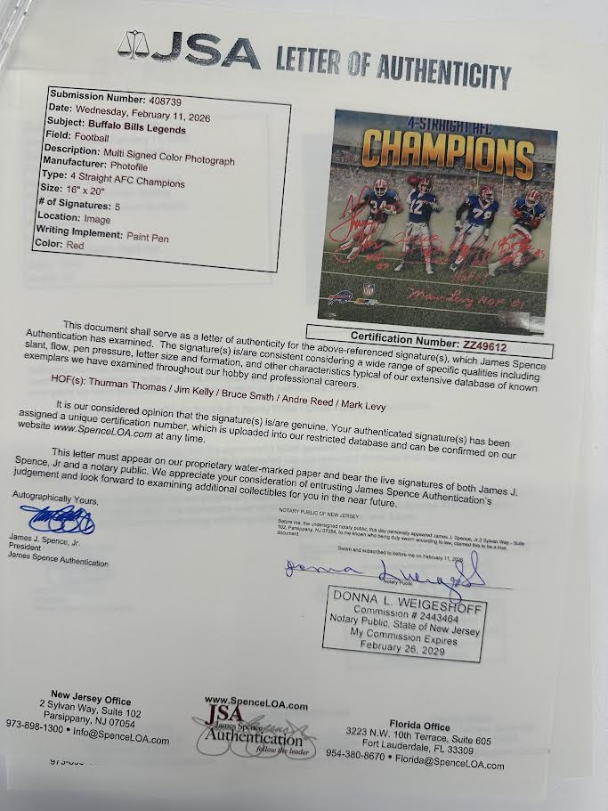 Buffalo Bills 4x Straight AFC Champions Autographed Hand Signed Custom Framed 16x20 Photo - JSA LOA