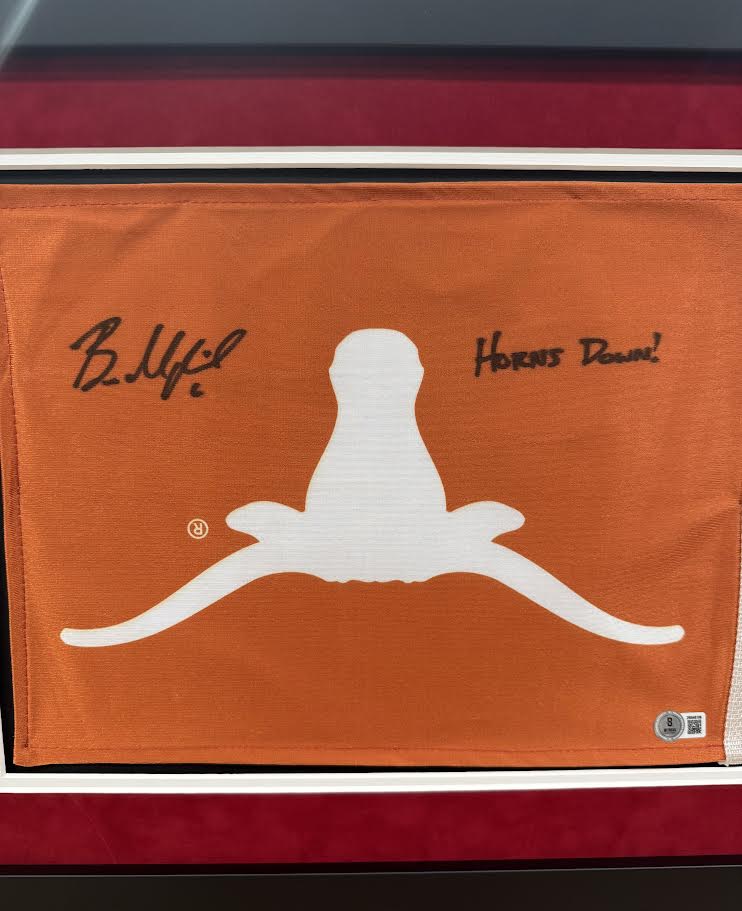 Baker Mayfield Autographed Hand Signed Custom Framed "Horns Down" UT Flag - Beckett COA