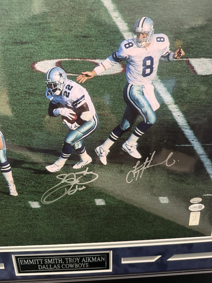 Emmitt Smith / Troy Aikman Autographed Hand Signed Custom Framed 16x20 Dallas Cowboys Photo - JSA COA