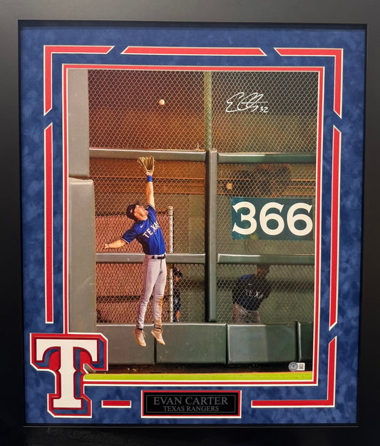Evan Carter Autographed Hand Signed Custom Framed 16x20 Texas Rangers Photo - Beckett COA