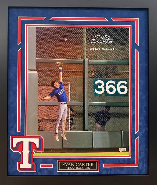 Evan Carter Autographed Hand Signed Custom Framed 16x20 Texas Rangers Photo W/ Inscription - Beckett COA