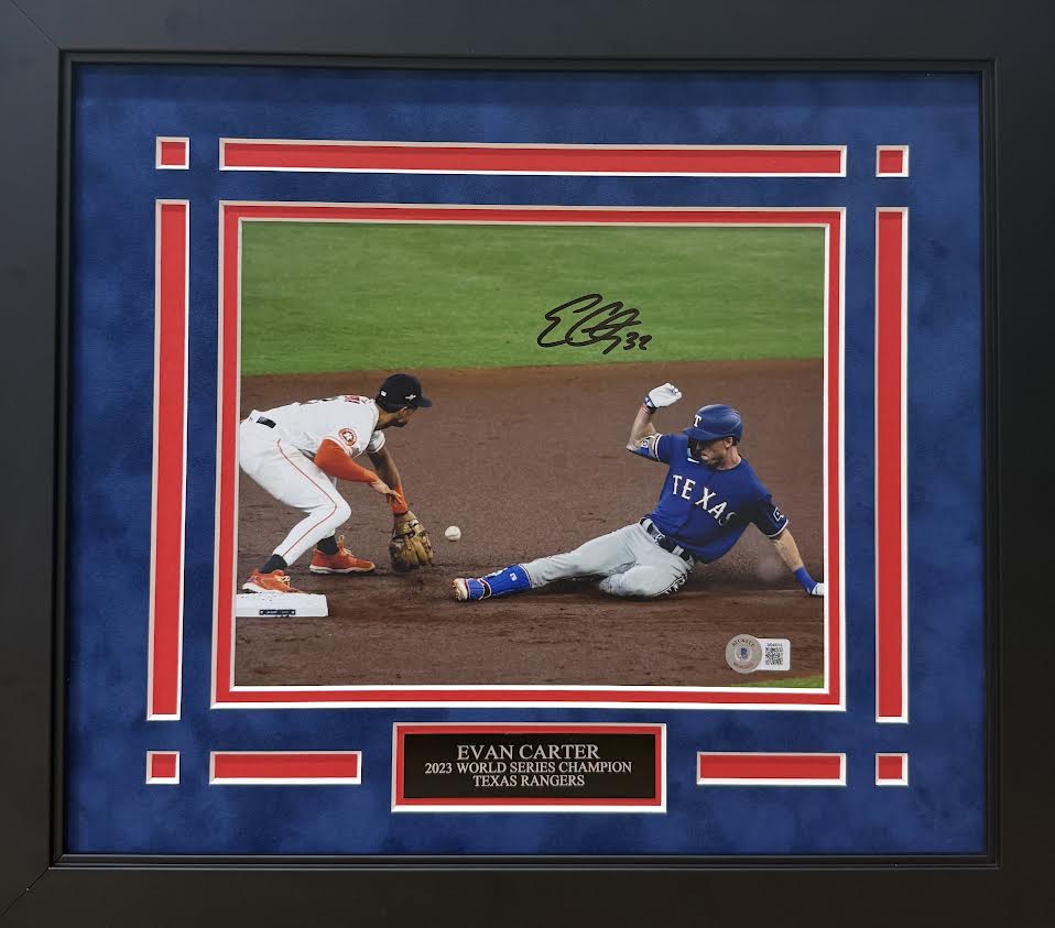 Evan Carter Autographed Hand Signed Custom Framed 8x10 Texas Rangers Photo - Beckett COA
