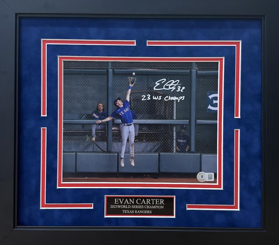 Evan Carter Autographed Hand Signed Custom Framed 8x10 Texas Rangers Photo W/ Inscription - Beckett COA
