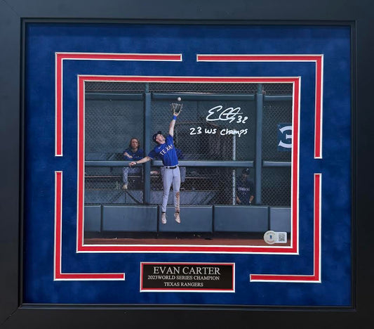 Evan Carter Autographed Hand Signed Custom Framed 8x10 Texas Rangers Photo W/ Inscription - Beckett COA