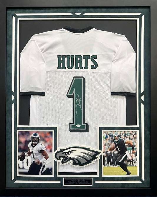 Jalen Hurts Autographed Hand Signed Custom Framed Philadelphia Eagles Jersey - JSA COA