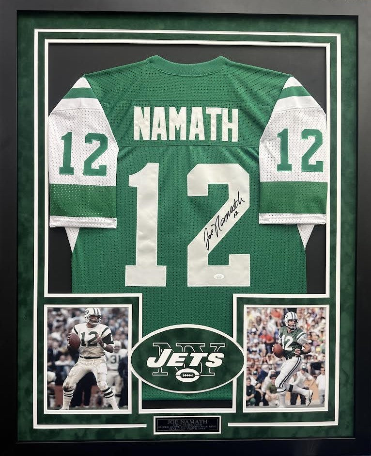 Joe Namath Autographed Hand Signed Custom Framed New York Jets Jersey - JSA LOA
