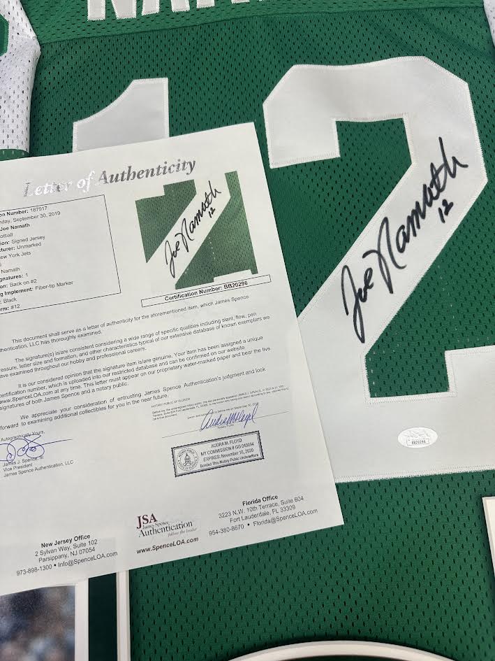 Joe Namath Autographed Hand Signed Custom Framed New York Jets Jersey - JSA LOA