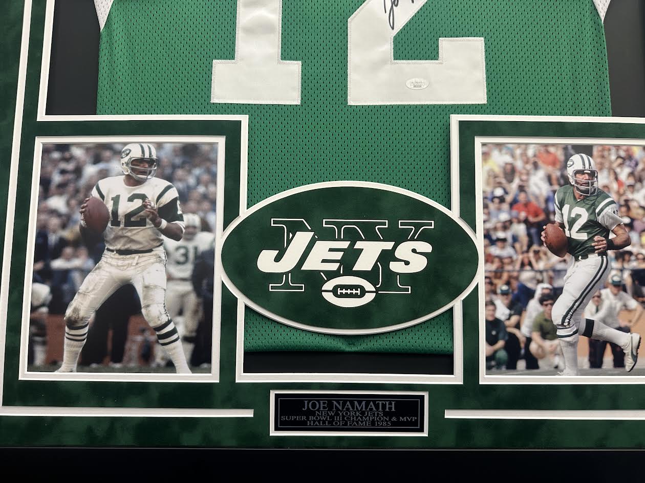 Joe Namath Autographed Hand Signed Custom Framed New York Jets Jersey - JSA LOA