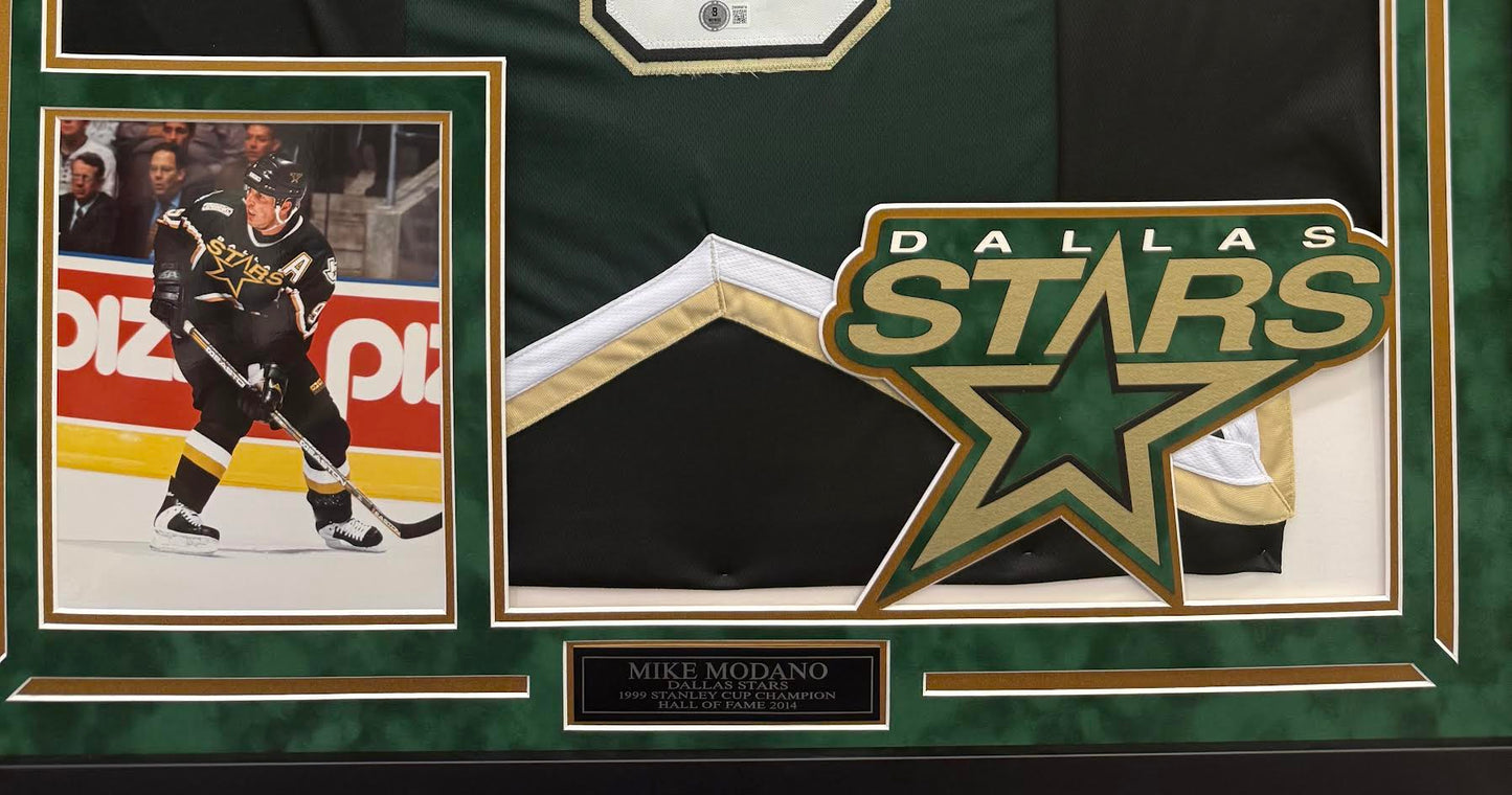 Mike Modano Autographed Hand Signed Custom Framed Dallas Stars Jersey - Beckett COA