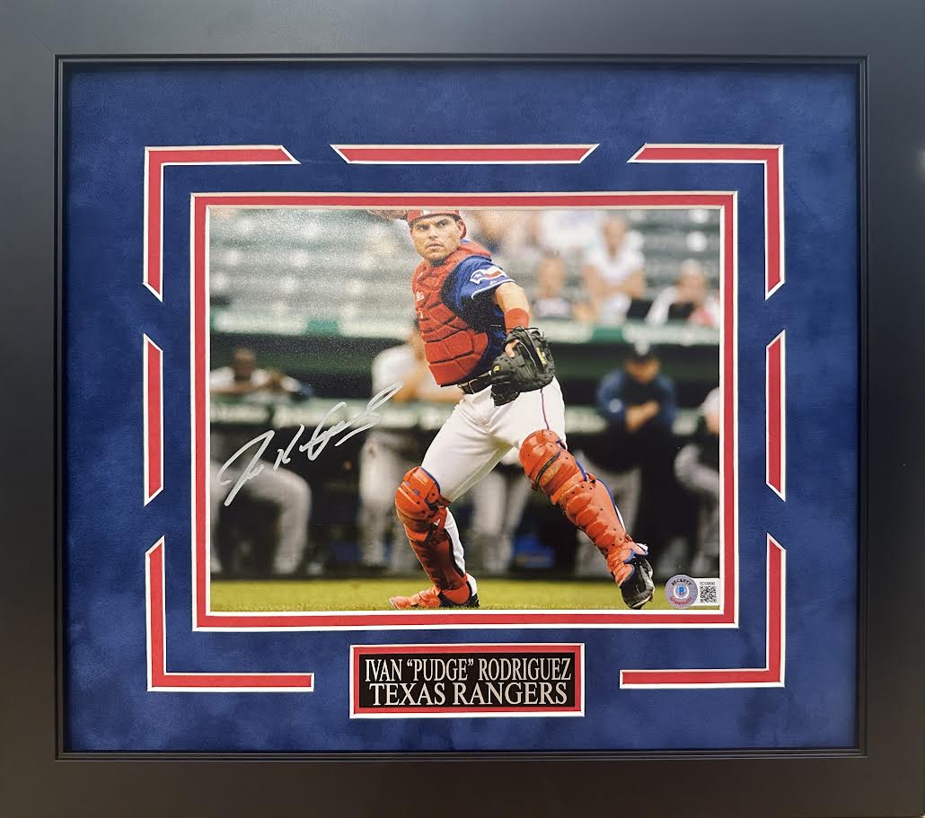 Pudge Rodriguez Autographed Hand Signed Custom Framed 8x10 Texas Rangers Photo - Beckett COA