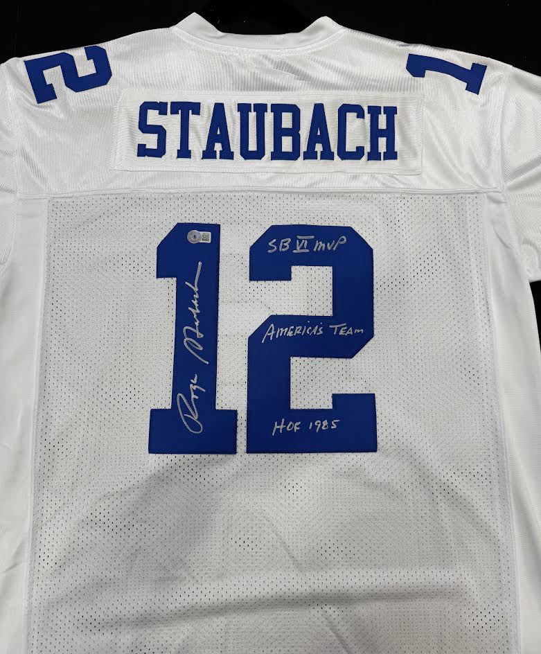 Roger Staubach Autographed Hand Signed Custom Dallas Cowboys Jersey W/ 3 Insc. - Beckett COA