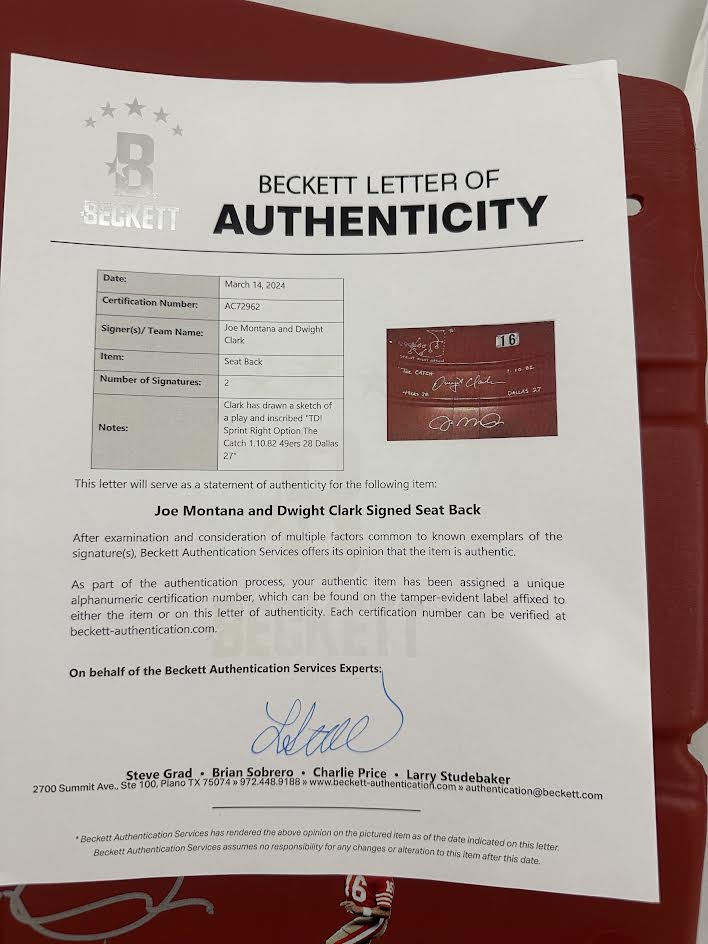 Joe Montana/Dwight Clark Autographed Hand Signed 49ers Seatback - Beckett LOA