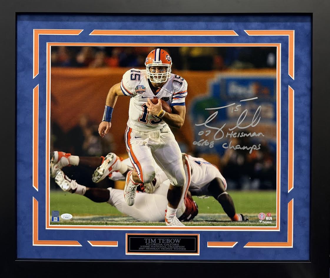 Tim Tebow Autographed Hand Signed Custom Framed 16x20 Florida Gators Photo w/ Insc. - JSA COA