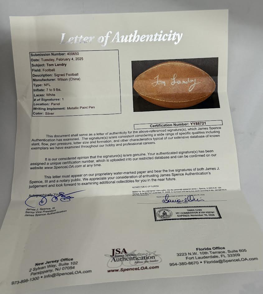 Tom Landry Autographed Hand Signed Football - JSA LOA