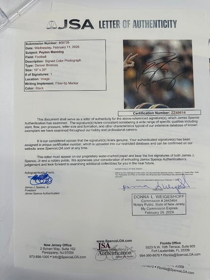 Peyton Manning Autographed Hand Signed Custom Framed 16x20 Denver Broncos Photo - JSA LOA