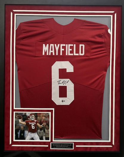 Baker Mayfield Autographed Hand Signed Custom Framed Oklahoma Sooners Jersey - Beckett COA