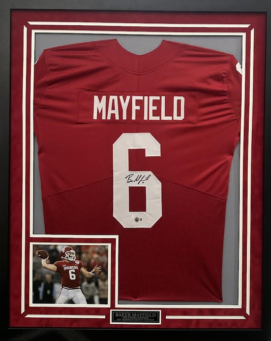 Baker Mayfield Autographed Hand Signed Custom Framed Oklahoma Sooners Jersey - Beckett COA