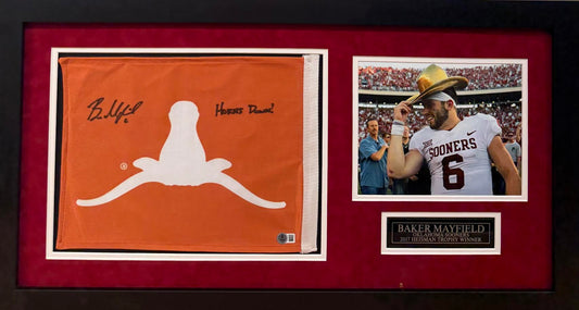 Baker Mayfield Autographed Hand Signed Custom Framed "Horns Down" UT Flag - Beckett COA
