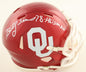 Billy Sims Autographed Hand Signed Oklahoma Sooners Mini Helmet W/ Insc. - Schwartz COA