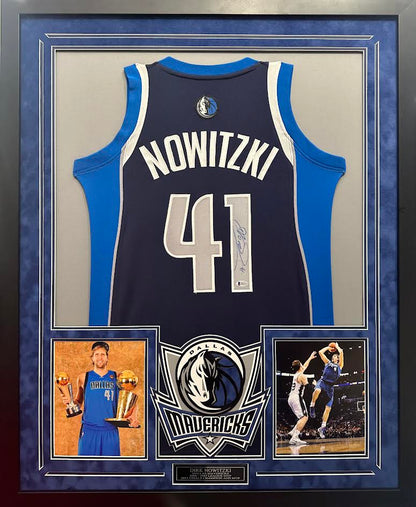 Dirk Nowitzki Autographed Hand Signed Custom Framed Dallas Mavericks Jersey - Beckett COA