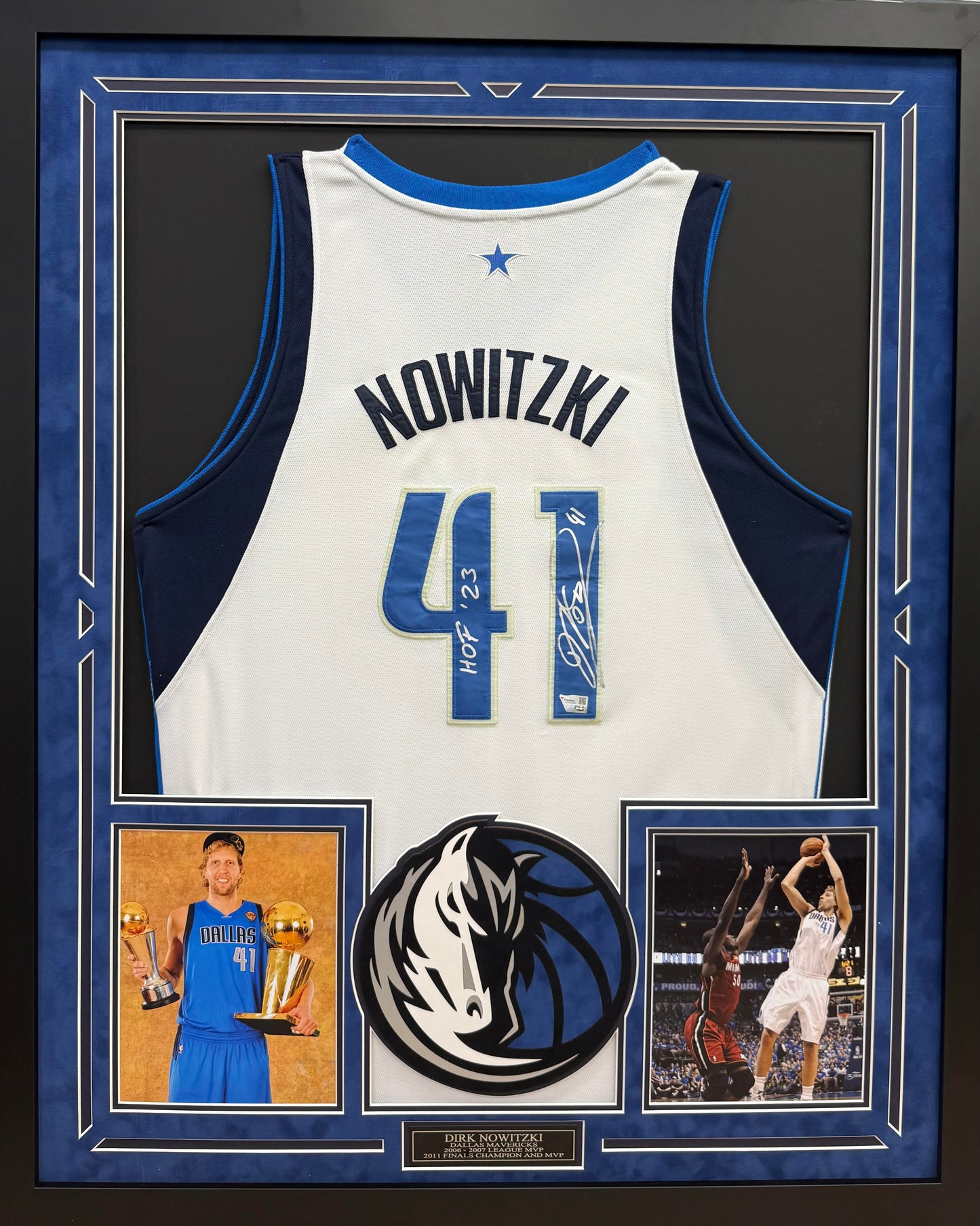 Dirk Nowitzki Autographed Hand Signed Custom Framed Dallas Mavericks "HOF" Inscription Jersey - Fanatics COA