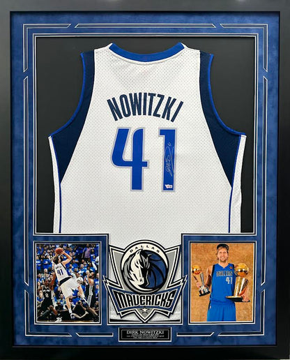 Dirk Nowitzki Autographed Hand Signed Custom Framed Dallas Mavericks Jersey - Fanatics COA