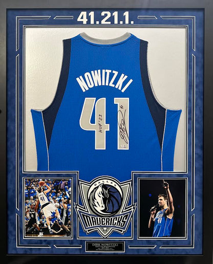 Dirk Nowitzki Autographed Hand Signed Custom Framed Dallas Mavericks Jersey W/ Insc. - Fanatics COA