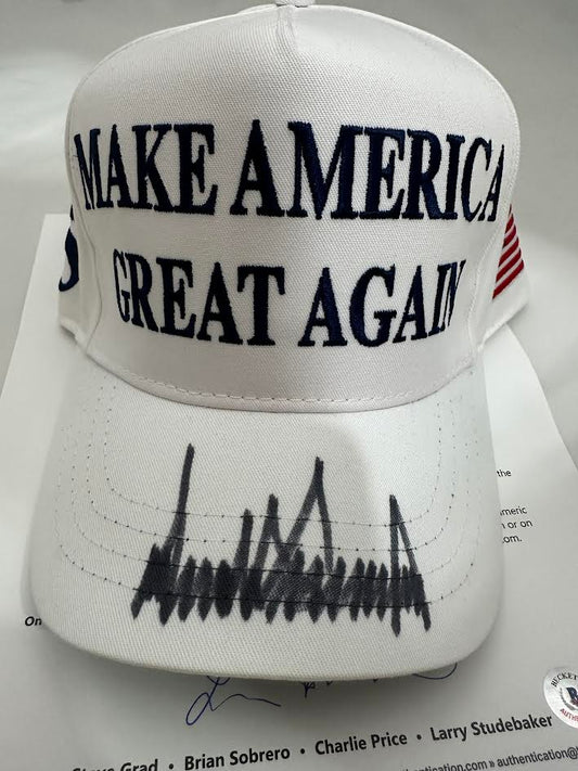 Donald Trump Autographed Hand Signed MAGA Hat (White) - Beckett LOA