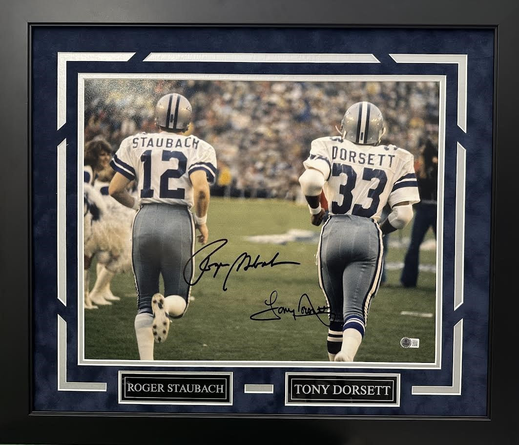Roger Staubach & Tony Dorsett Autographed Hand Signed Custom Framed 16x20 Dallas Cowboys Photo - Beckett COA