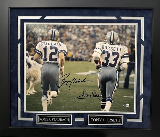 Roger Staubach & Tony Dorsett Autographed Hand Signed Custom Framed 16x20 Dallas Cowboys Photo - Beckett COA