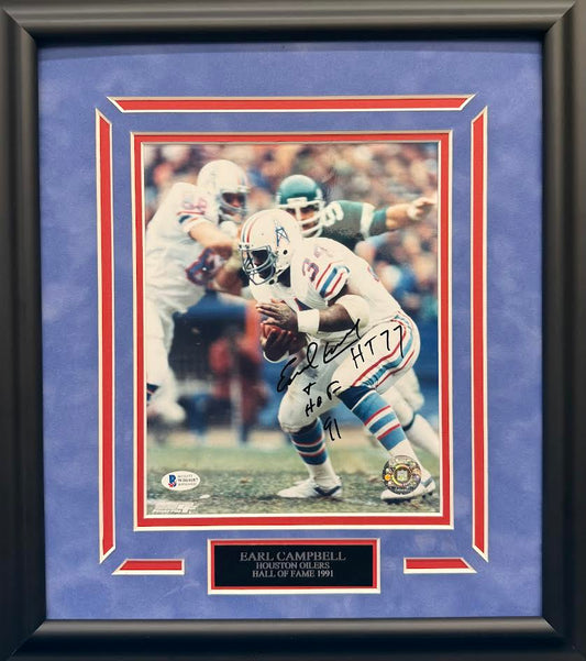 Earl Campbell Autographed Hand Signed Custom Framed 8x10 Houston Oilers Photo W/ Insc - Beckett COA