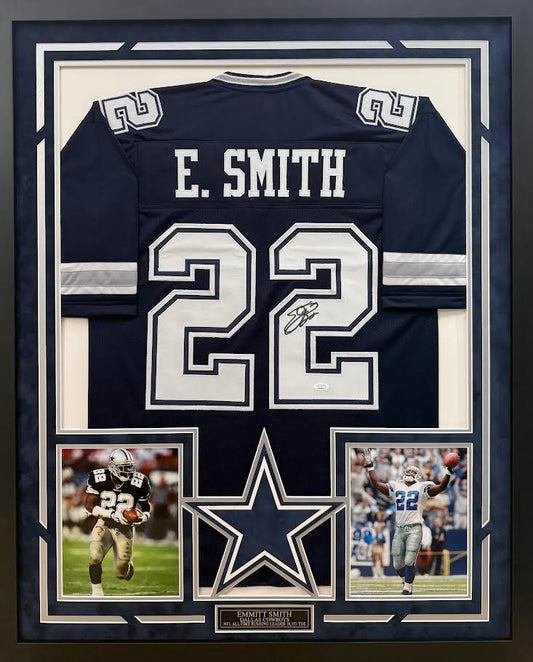 Emmitt Smith Autographed Hand Signed Custom Framed Dallas Cowboys Jersey - JSA COA