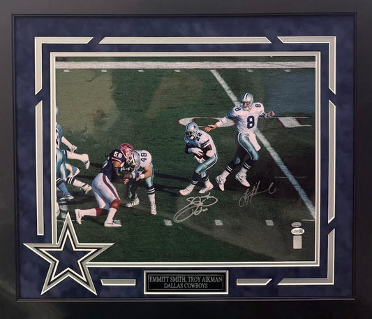 Emmitt Smith / Troy Aikman Autographed Hand Signed Custom Framed 16x20 Dallas Cowboys Photo - JSA COA