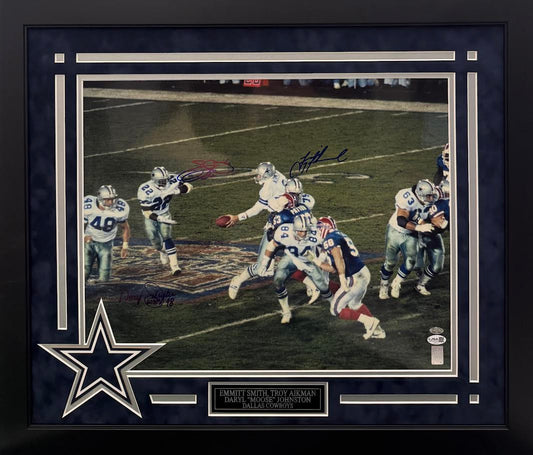 Emmitt Smith / Troy Aikman / Daryl Johnston Autographed Hand Signed Custom Framed 16x20 Dallas Cowboys Photo - JSA COA