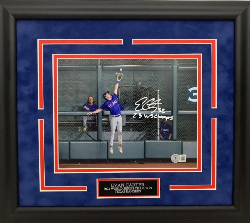 Evan Carter Autographed Hand Signed Custom Framed 8x10 Texas Rangers Photo - Beckett COA