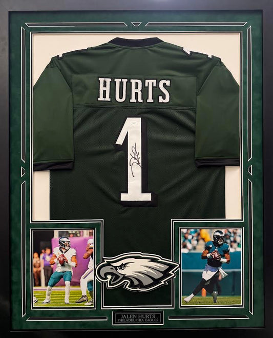 Jalen Hurts Autographed Hand Signed Custom Framed Philadelphia Eagles Jersey - JSA COA