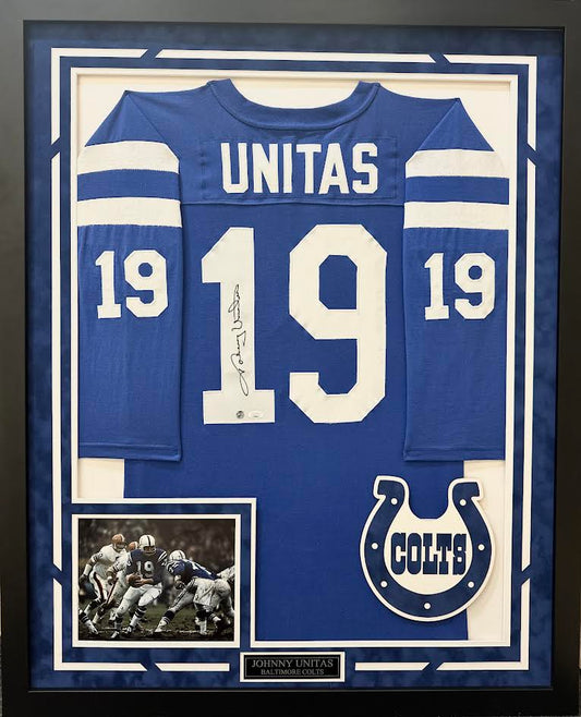 Johnny Unitas Autographed Hand Signed Custom Framed Baltimore Colts Jersey - JSA COA