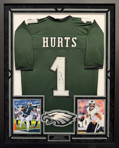 Jalen Hurts Autographed Hand Signed Custom Framed Philadelphia Eagles Jersey (Green) - JSA COA