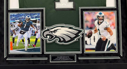 Jalen Hurts Autographed Hand Signed Custom Framed Philadelphia Eagles Jersey (Green) - JSA COA