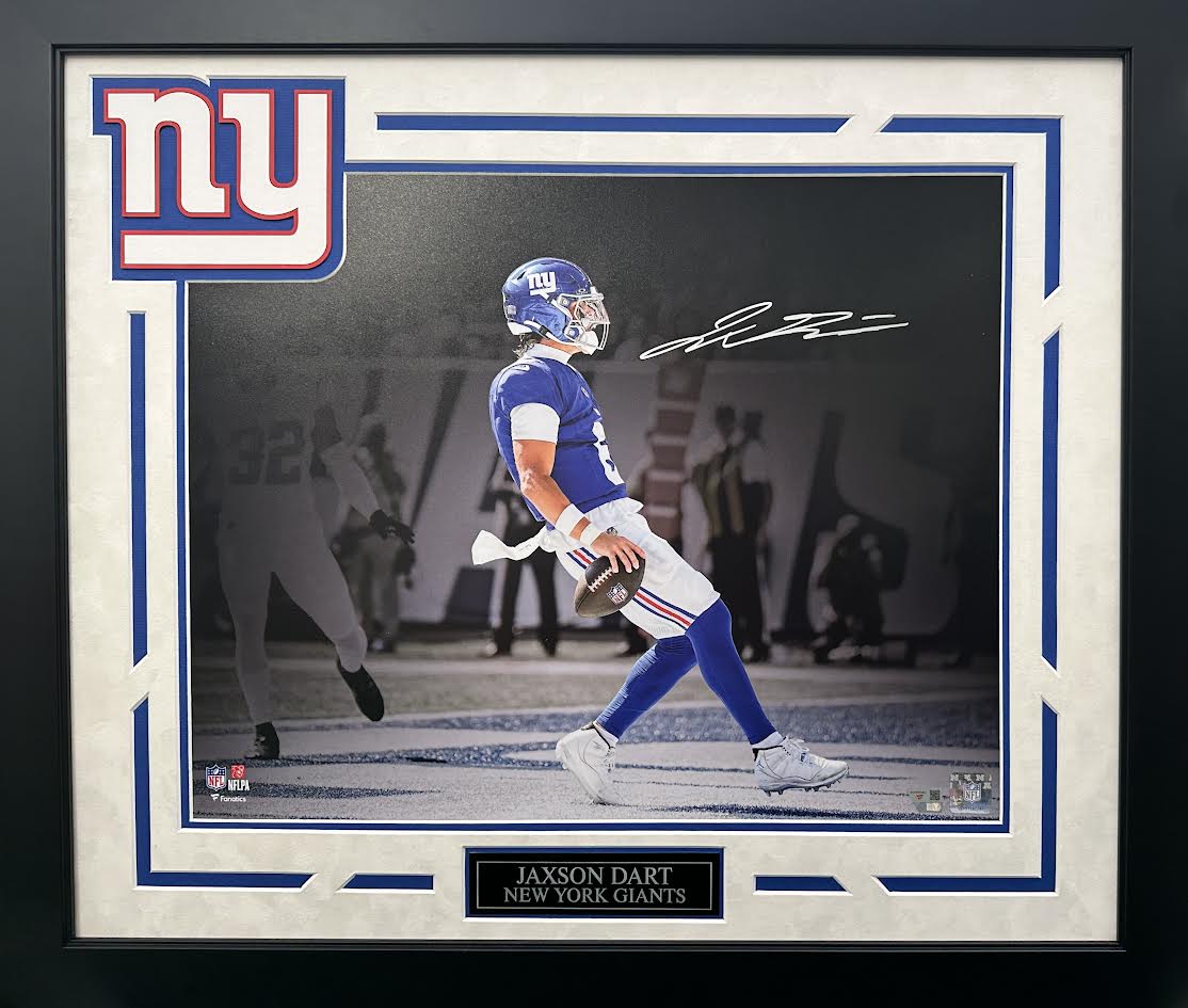 Jaxson Dart Autographed Hand Signed Custom Framed 16x20 New York Giants Photo - Fanatics COA