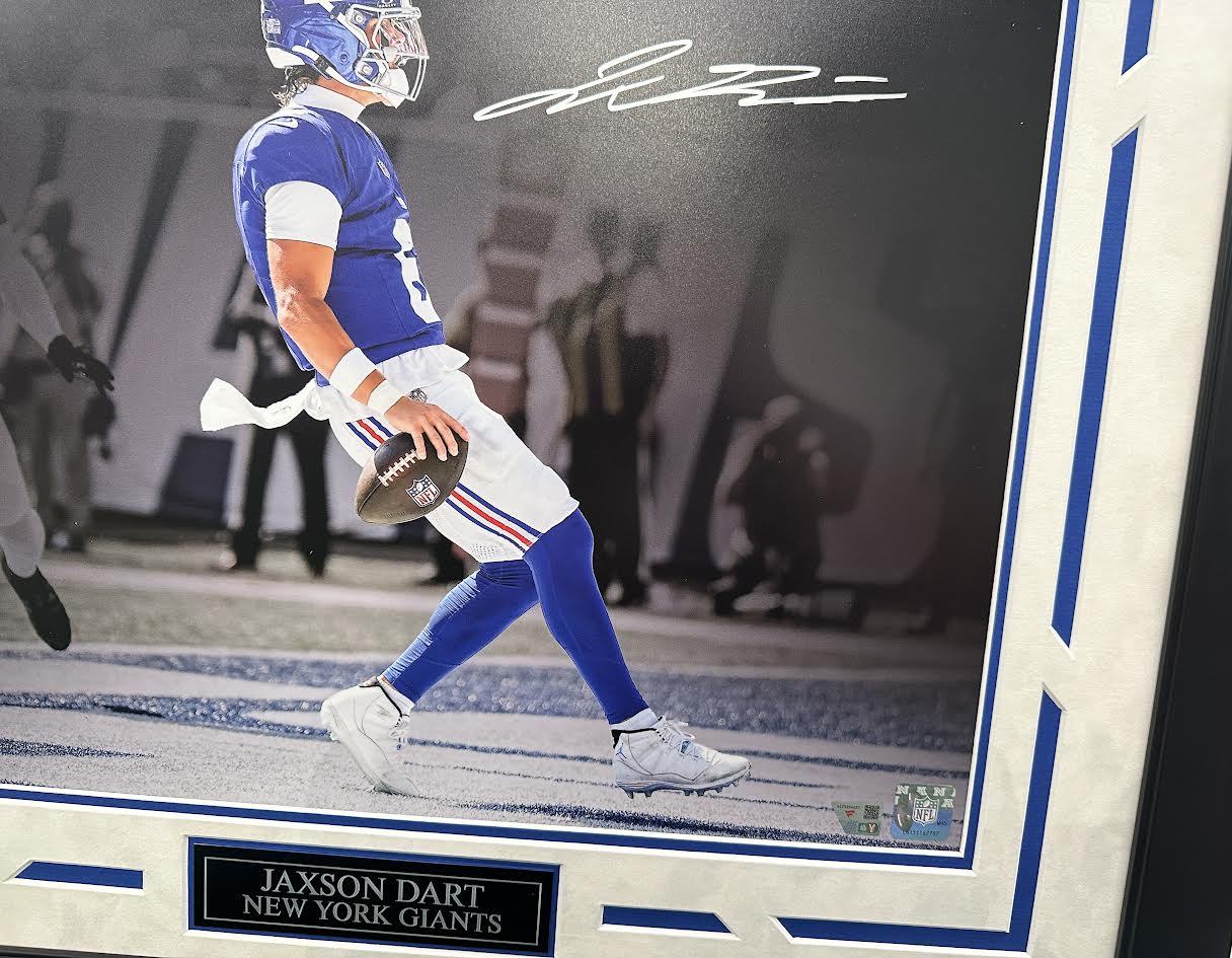 Jaxson Dart Autographed Hand Signed Custom Framed 16x20 New York Giants Photo - Fanatics COA