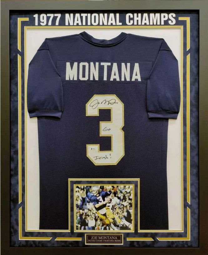 Joe Montana Autographed Hand Signed Custom Framed Notre Dame Jersey - Beckett COA