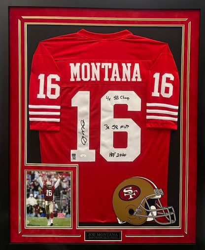 Joe Montana Autographed Hand Signed Custom Framed San Francisco 49ers Jersey W Insc. - JSA COA