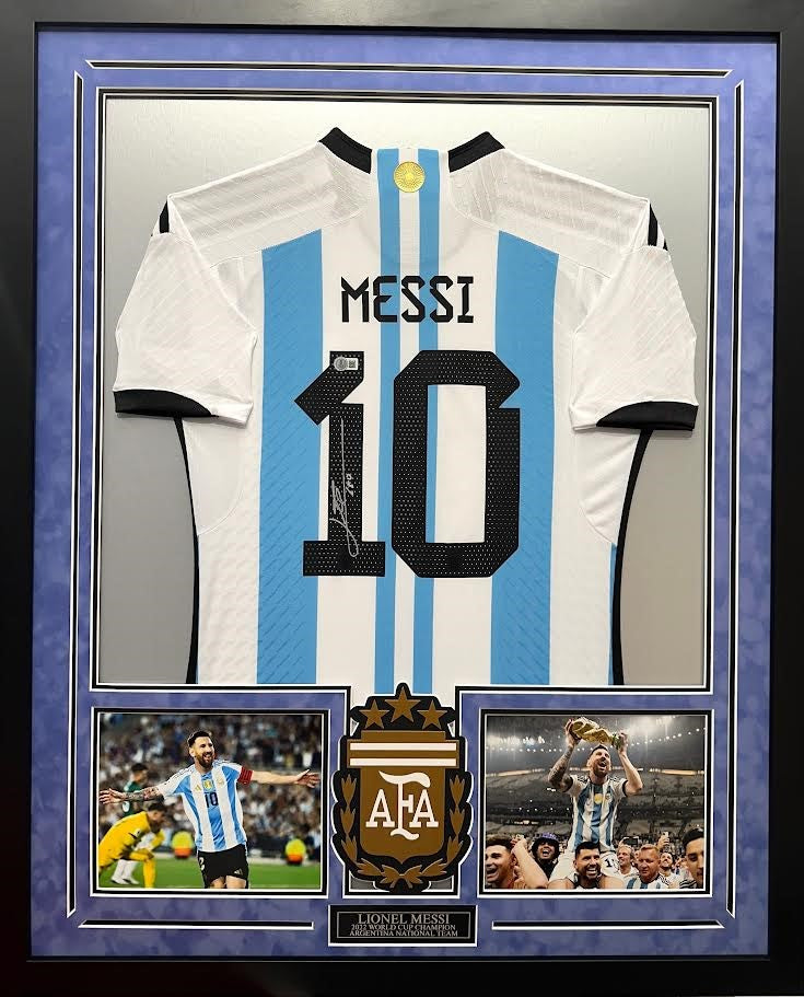 Lionel Messi Autographed Hand Signed Custom Framed Argentina World Cup Jersey - Beckett COA