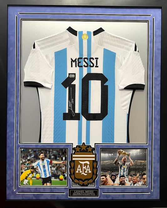 Lionel Messi Autographed Hand Signed Custom Framed Argentina World Cup Jersey - Beckett COA