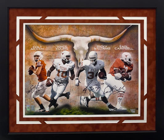 McCoy/Young/Williams/Campbell Autographed Hand Signed Custom Framed 16x20 Texas Longhorns Photo - Fanatics COA