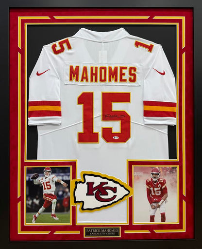 Patrick Mahomes Autographed Hand Signed Custom Framed Kansas City Chiefs Jersey (White) - Beckett COA