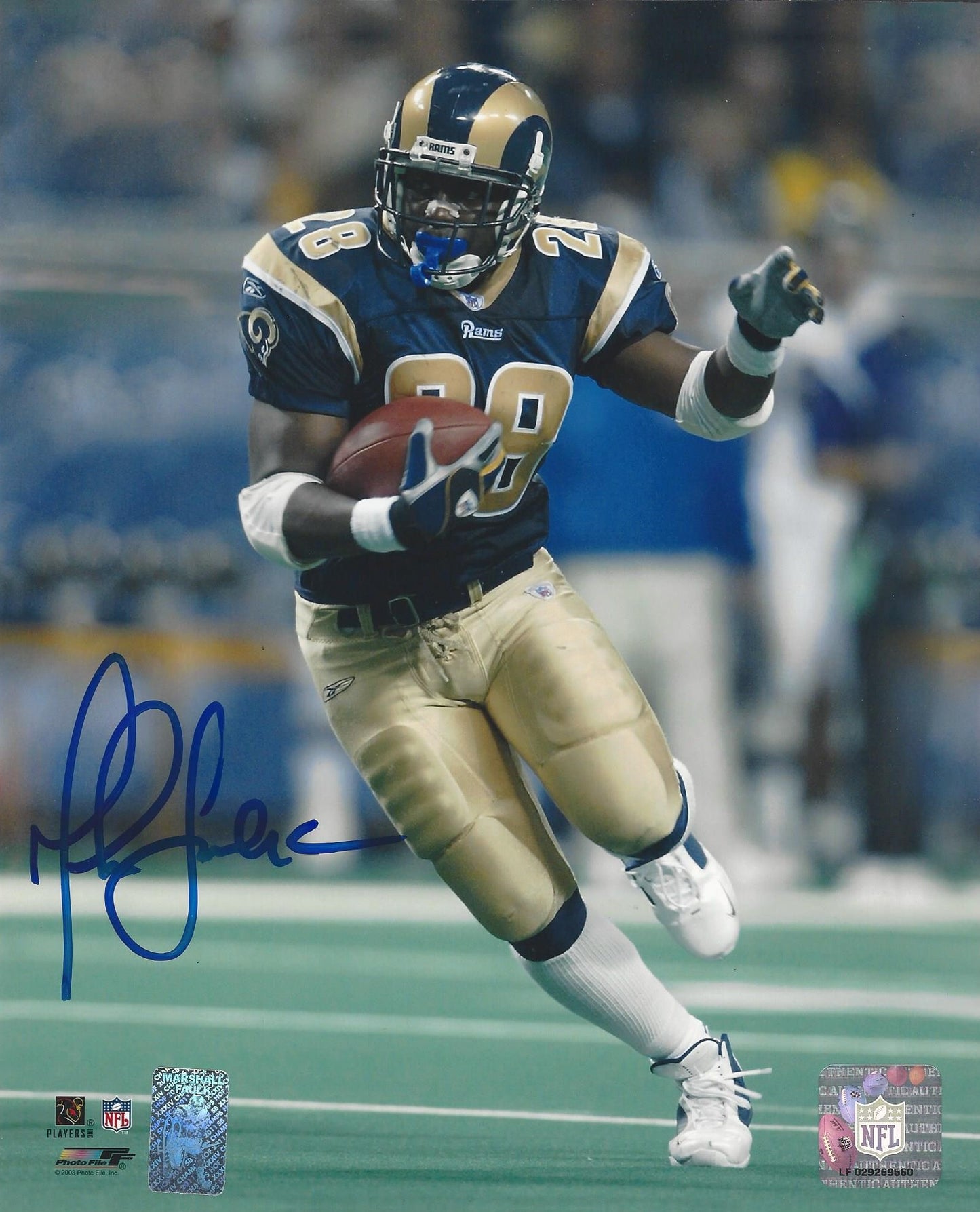 Marshall Faulk Autographed Hand Signed Vertical 8x10 Rams Photo - Player Holo COA