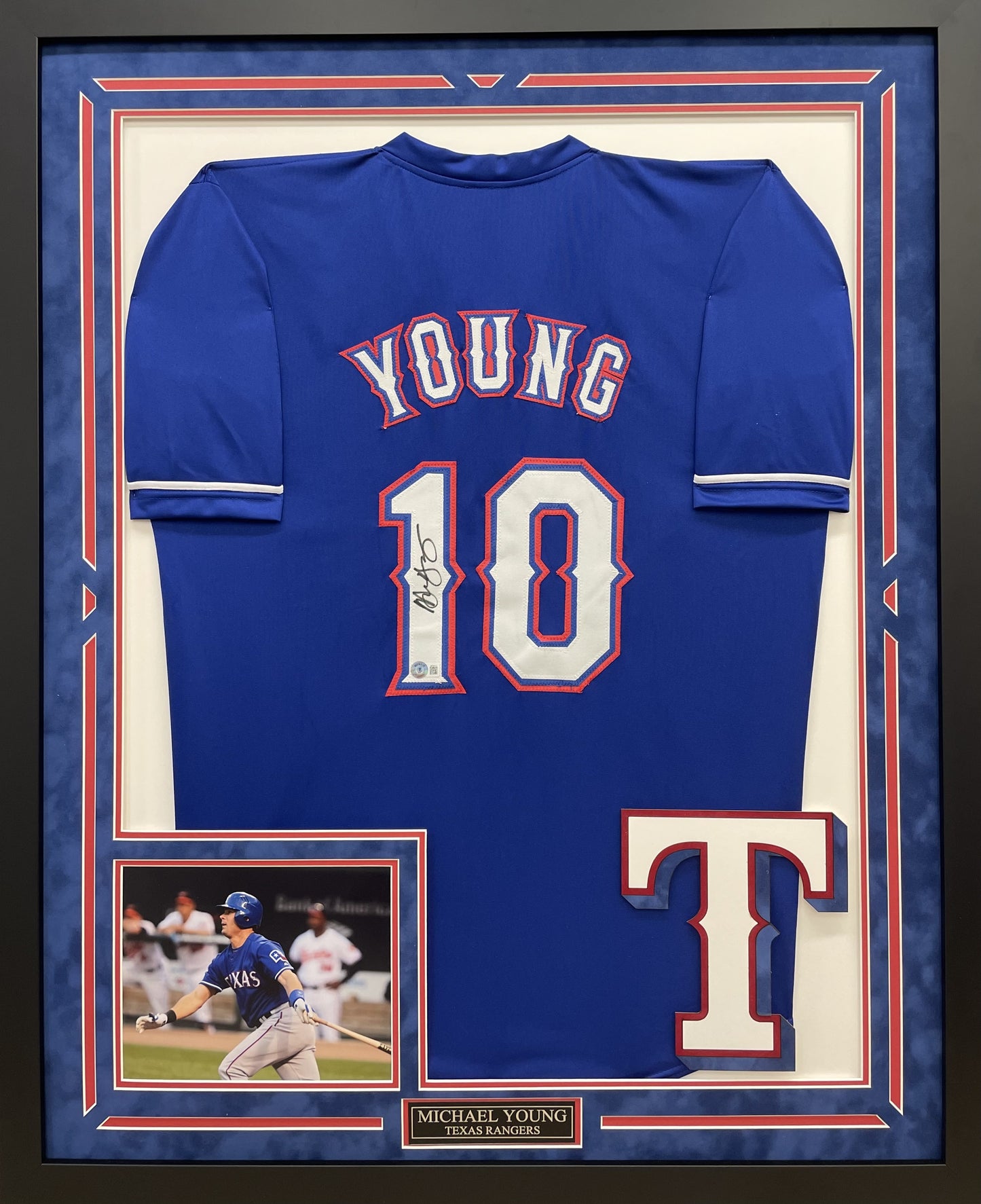 Michael Young Autographed Hand Signed Custom Framed Texas Rangers Jersey - Beckett COA