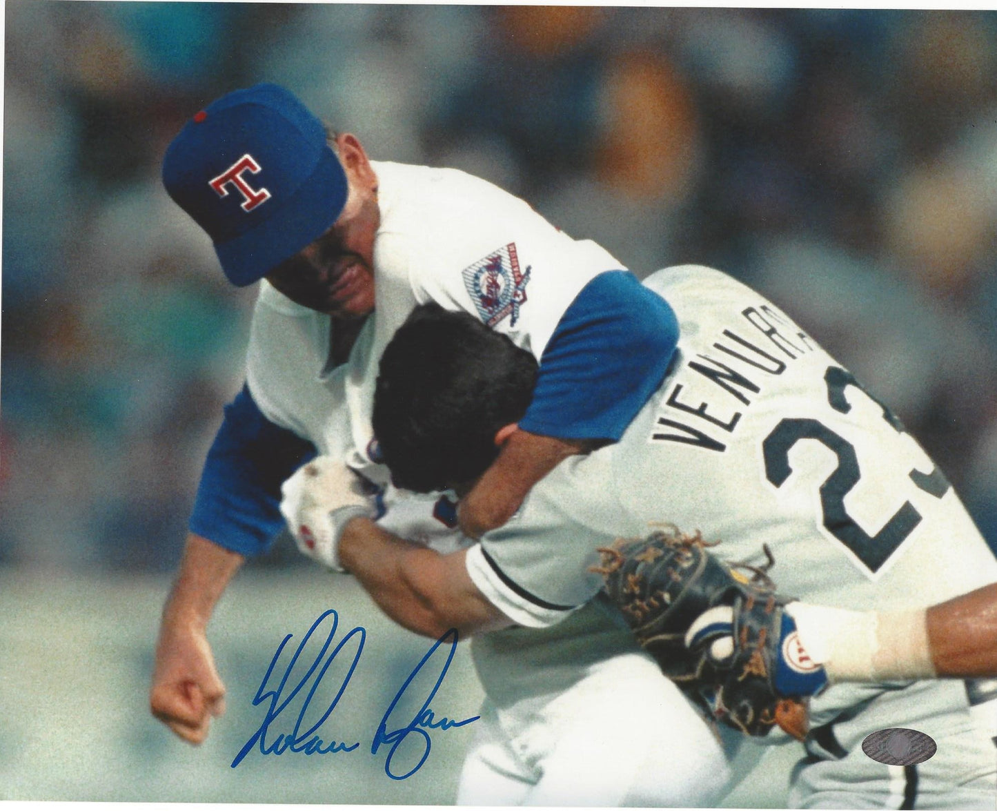 Nolan Ryan Autographed Hand Signed 8x10 Horizontal Fight Photo